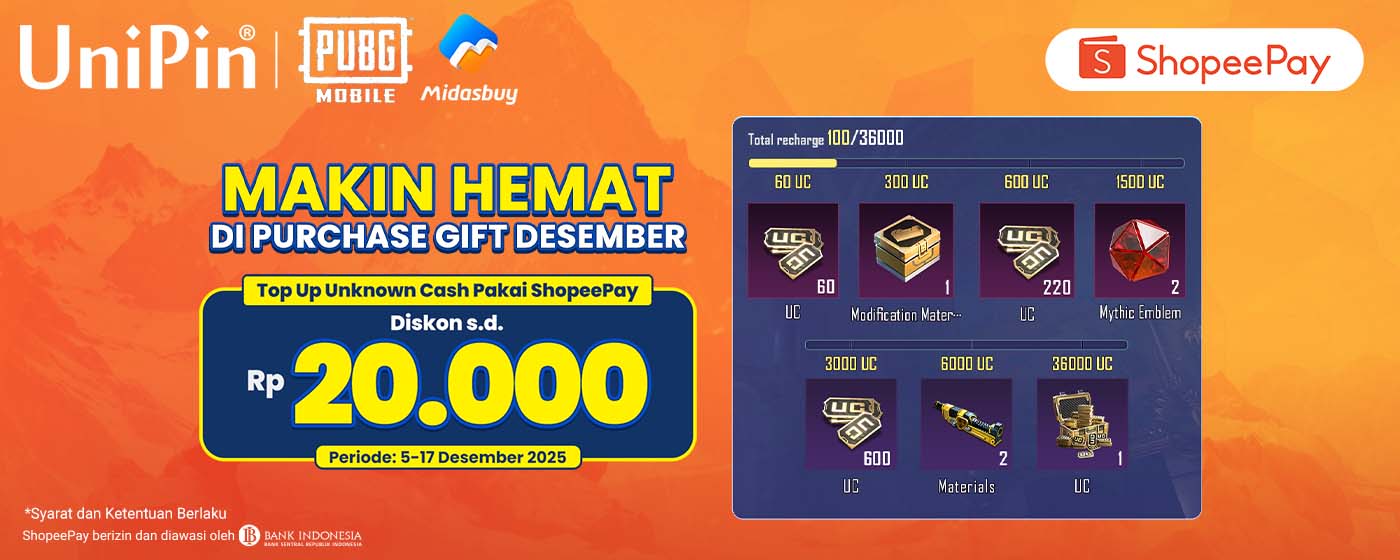 Purchase Gift Bikin Loot Makin Gede! Ekstra Diskon s.d. Rp20.000 dengan Top Up PUBG Mobile Pakai ShopeePay!